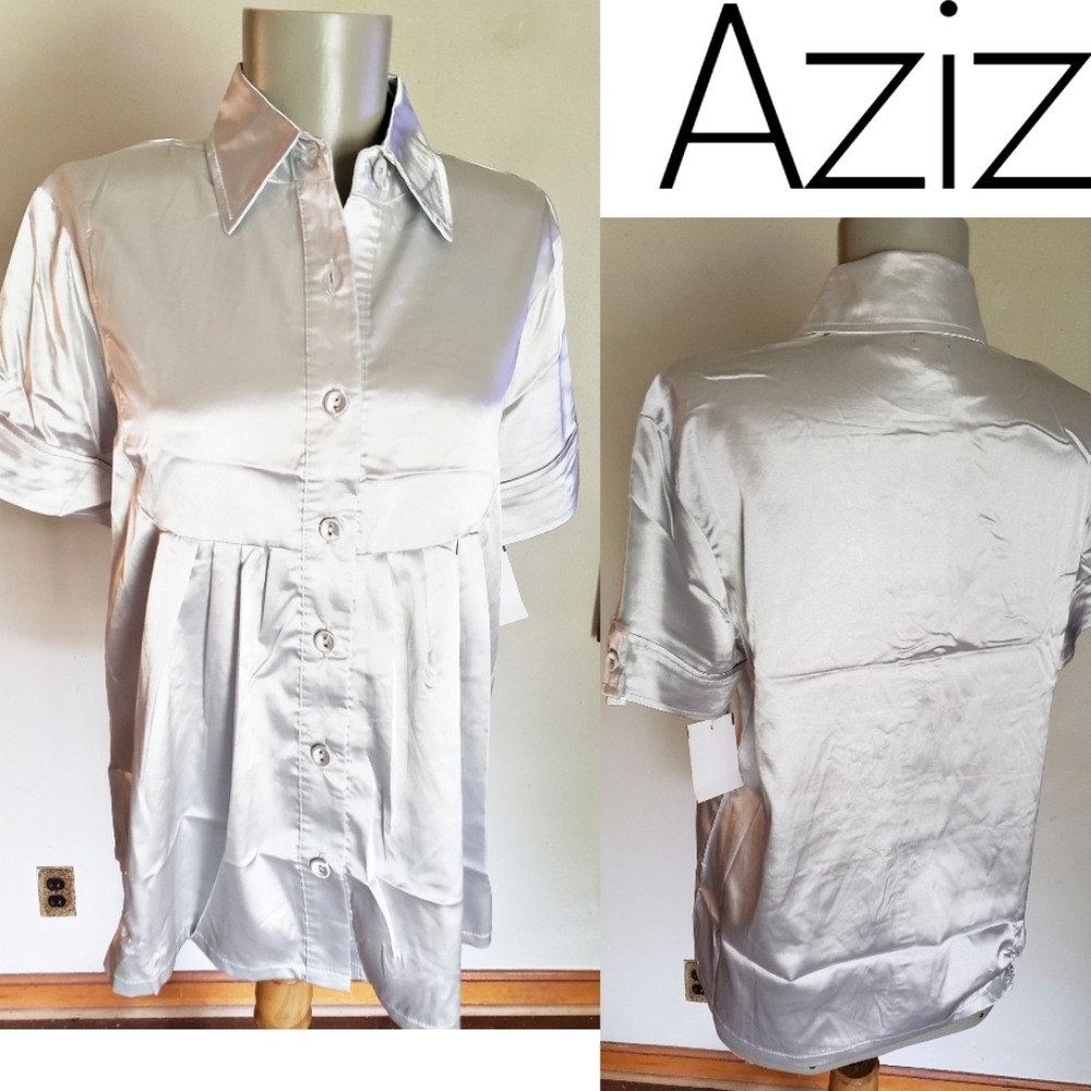 Aziz silver short sleeve blouse.  Sz Med